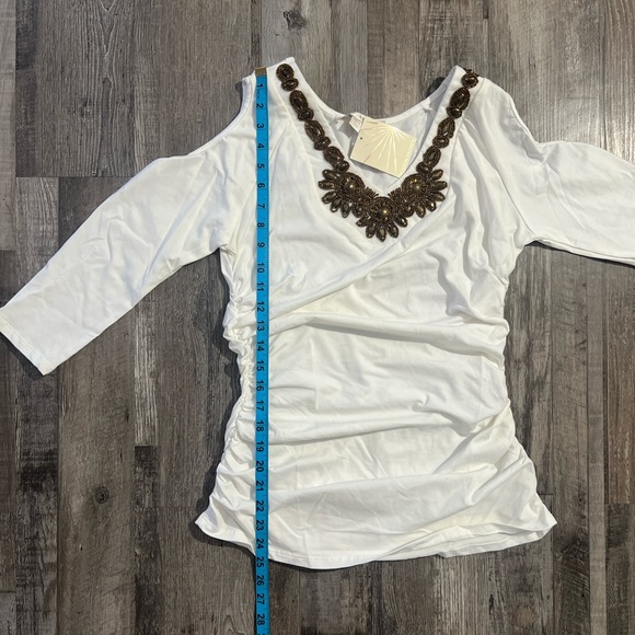 Boston Proper Embellished 3/4 sleeve top Cold Shoulder White with embellishments - Picture 9 of 9
